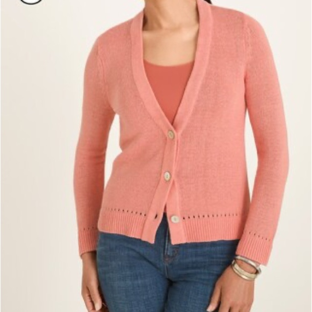 Chico’s Salmon Orange Pink Pearl Buttons Linen Knit Button Cardigan Size Medium